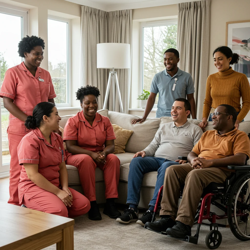 People and support workers spending time together at home