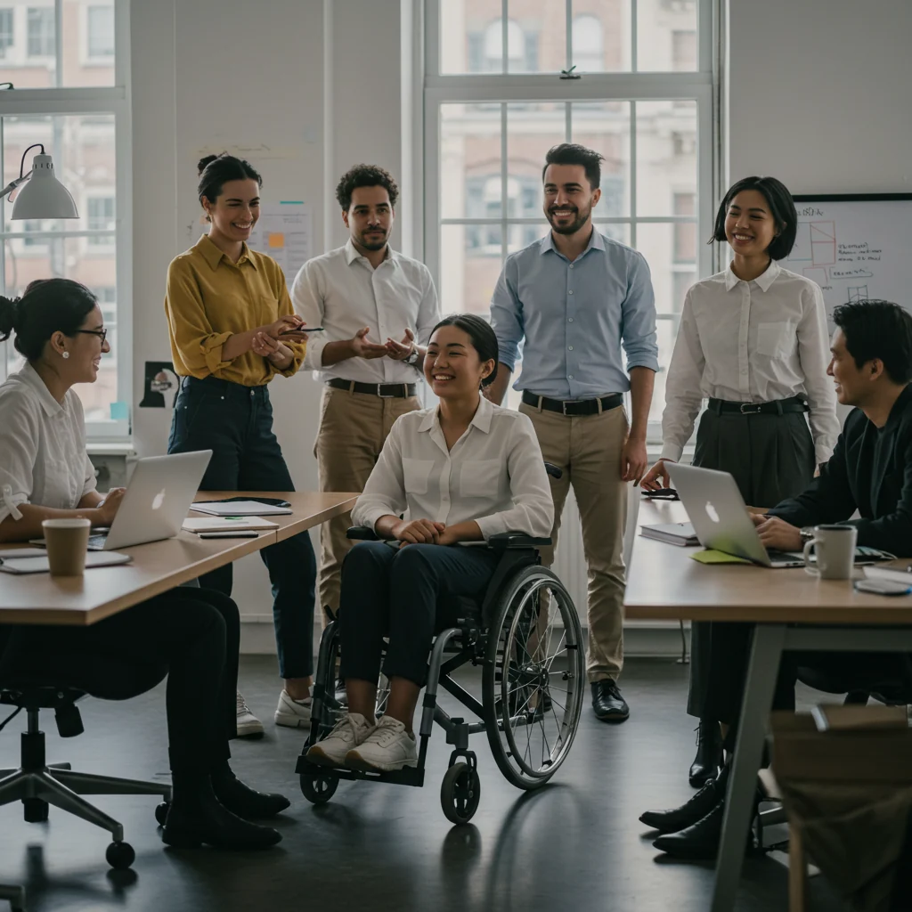 A diverse group gathered in a shared workspace